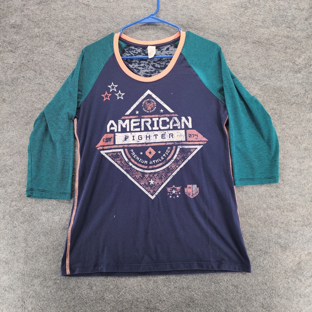 American Fighter Shirt Womens XL 3/4 Sleeve Blue Raglan